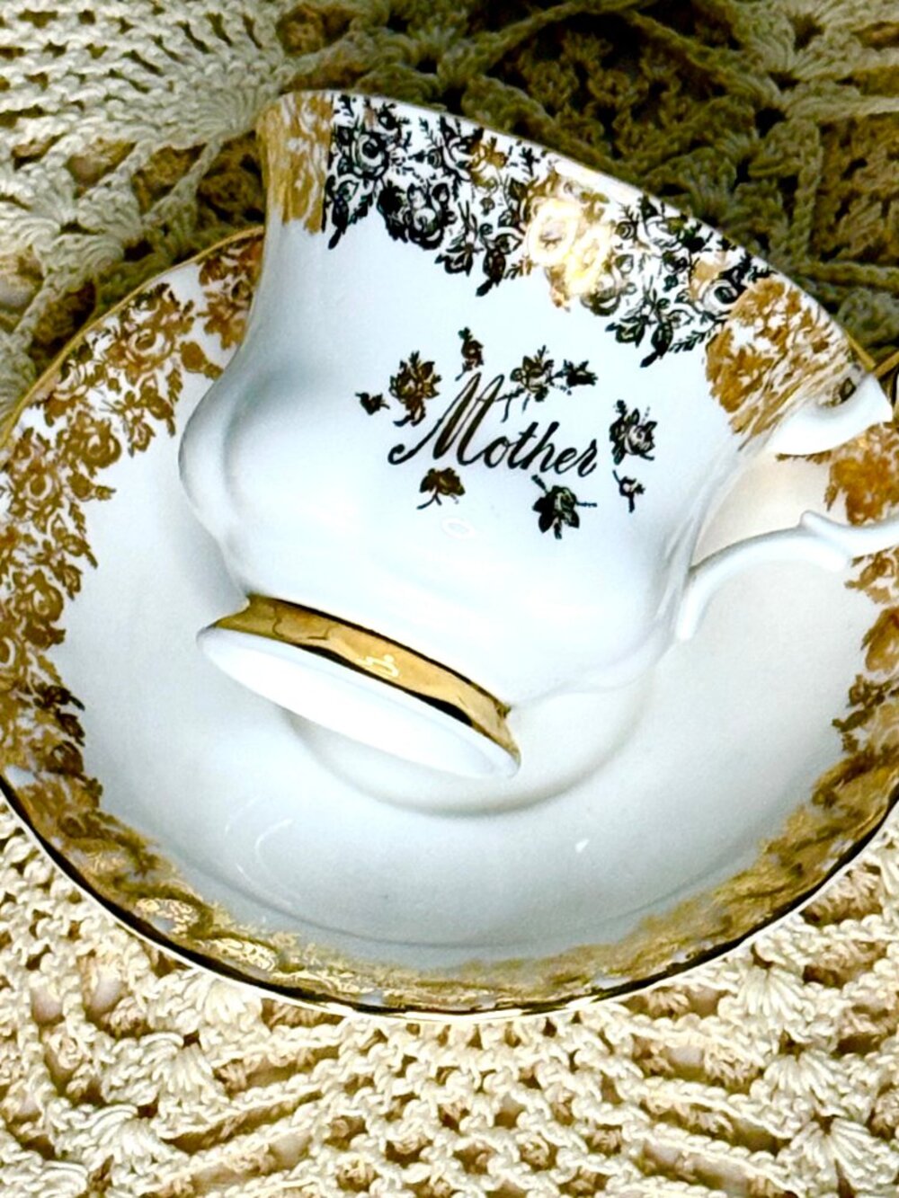 Royal Albert Mother Teacup Saucer England Bone China Gold Roses Gift